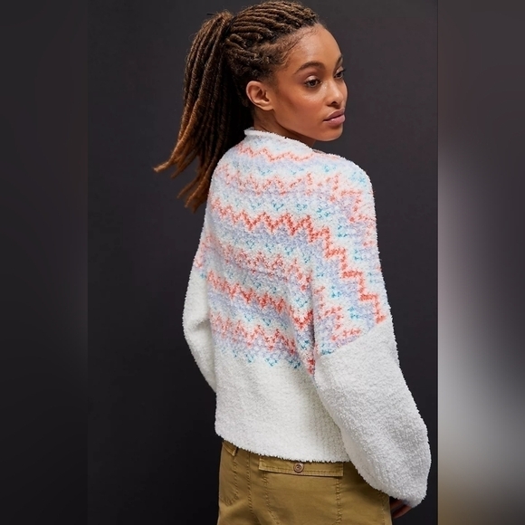 Anthropologie White Colorful Patterned Cozy Chunky Oversized Mock Neck Sweater - Picture 4 of 14